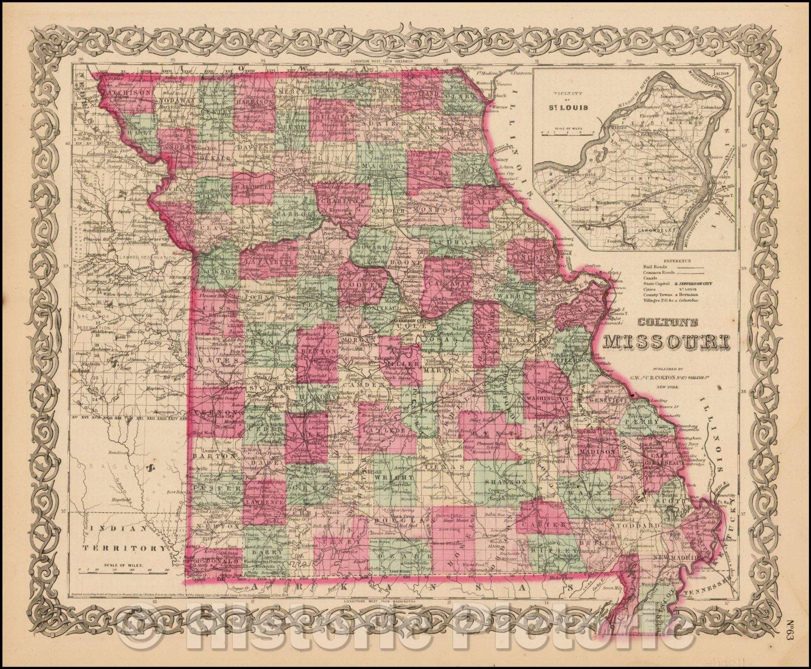 Historic Map - Colton's Missouri, 1864, G.W. & C.B. Colton - Vintage Wall Art