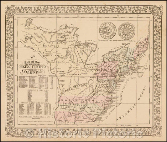 Historic Map - Map of the Original Thirteen Colonies, 1879, Samuel Augustus Mitchell Jr. v2