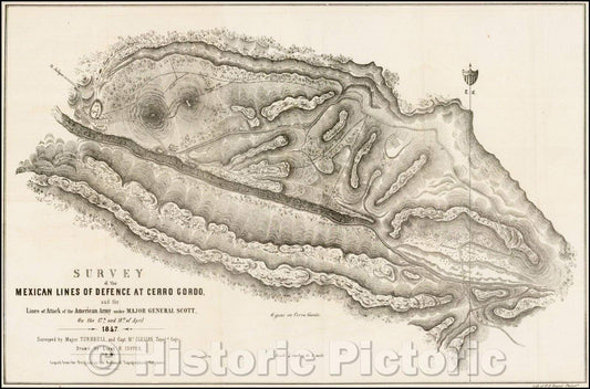 Historic Map - Survey of the Mexican Lines of Defence at Cerro Gordo, and the Lines of Attack of the American Army under Major General Scott, 1848, P.S. Duval - Vintage Wall Art