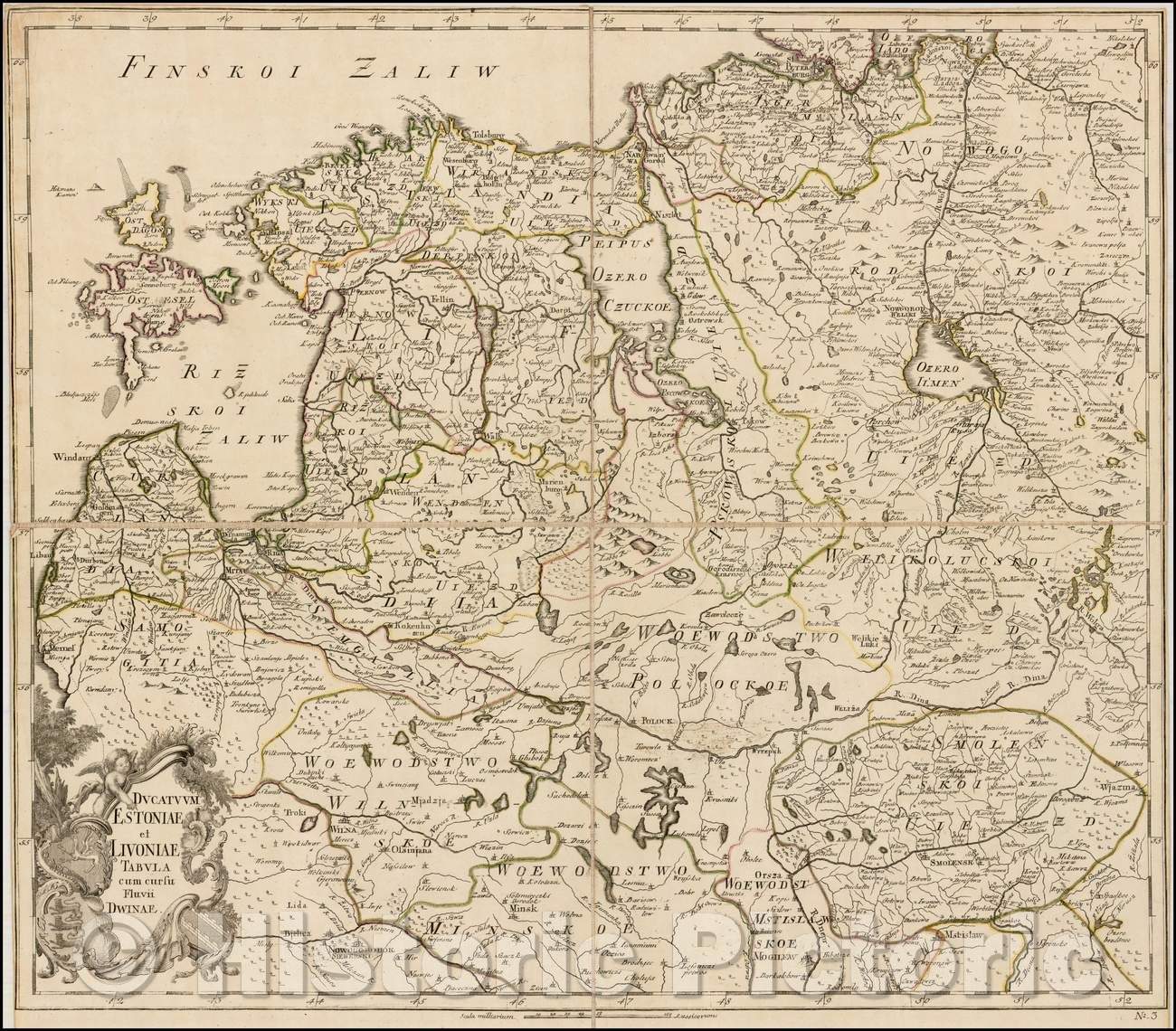 Historic Map - Ducatuum Estoniae et Livoniae Tabula cum cursu Fluvii :: Estonia, Latvia, Lithuania and Russia and Belarus, by Russian Academy of Science, 1745 - Vintage Wall Art