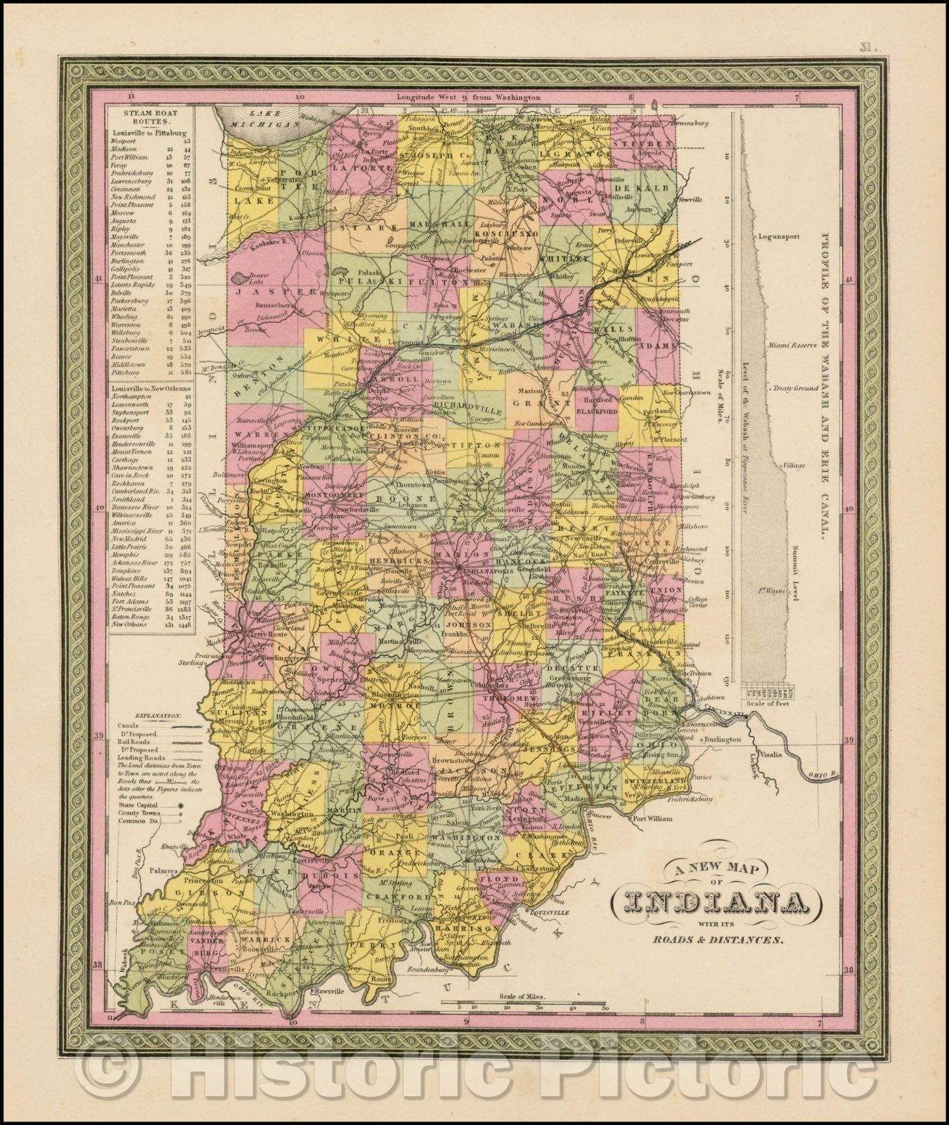 Historic Map - Indiana with its Roads & Distances, 1847, Samuel Augustus Mitchell - Vintage Wall Art