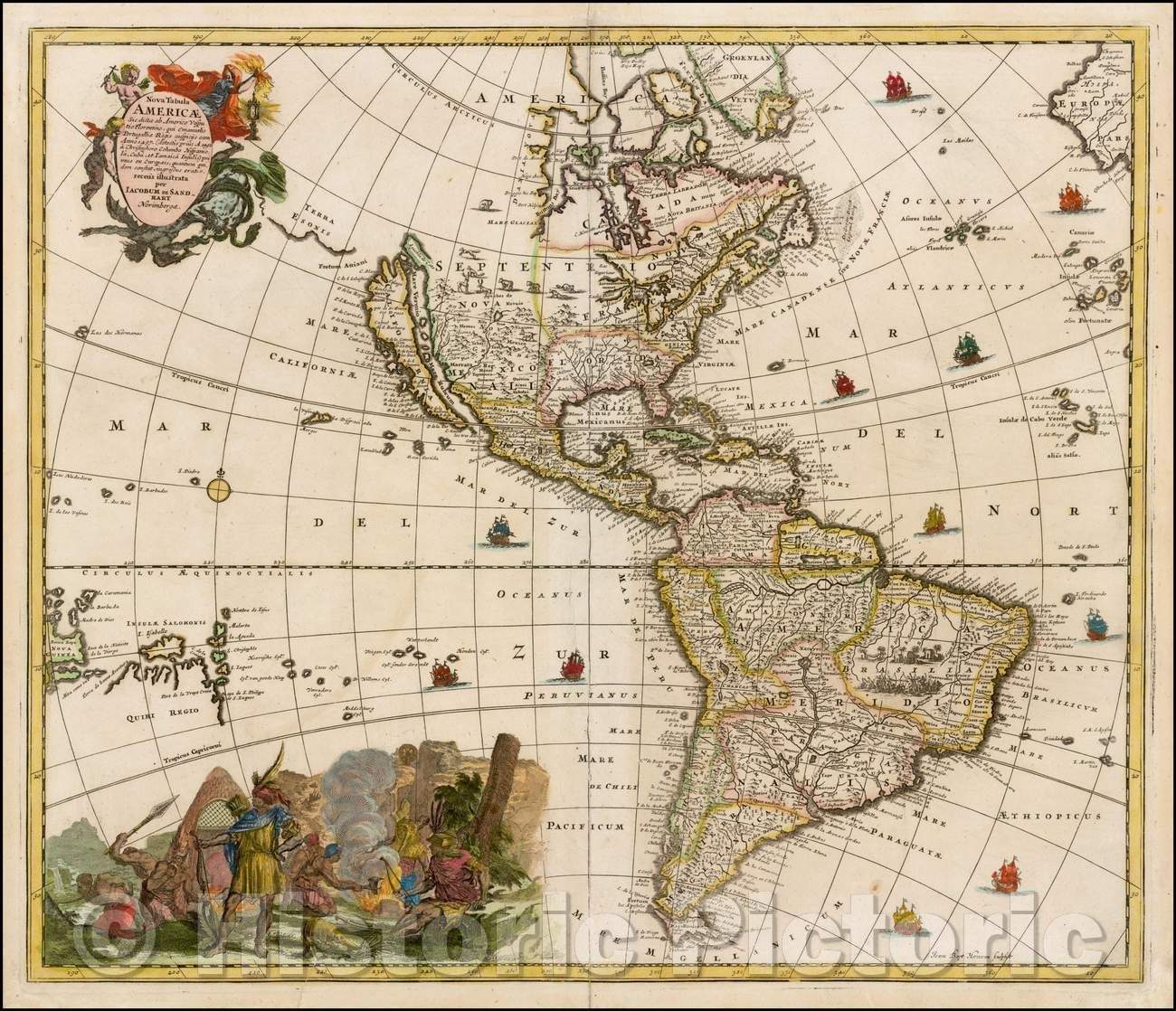 Historic Map - Nova Tabula Americae Sic dictae ab Americo Vesputio Florentino/Map of America, Jacob Sandart and engraved by J.B. Homann, 1690, Jacob Sandrart - Vintage Wall Art