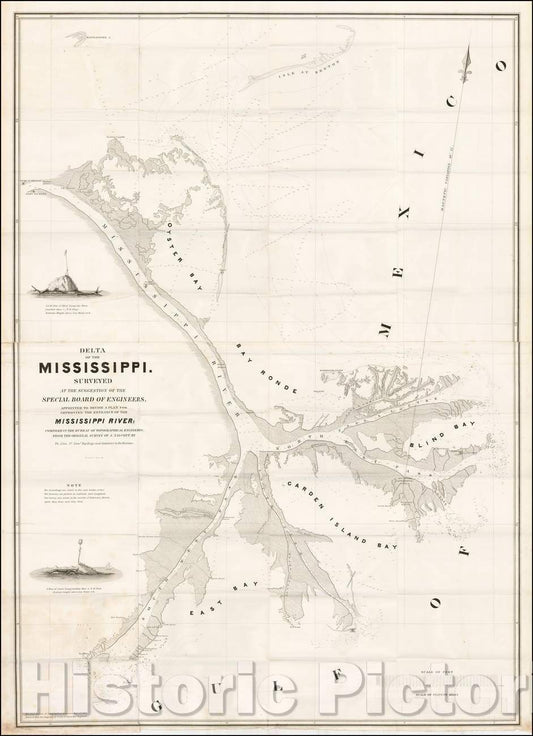 Historic Map - Delta of the Mississippi. Surveyed At The Suggestion Of The Special Board of Engineers, Appointed To Devise A Plan For Improving The Entrance Of The, 1839 - Vintage Wall Art