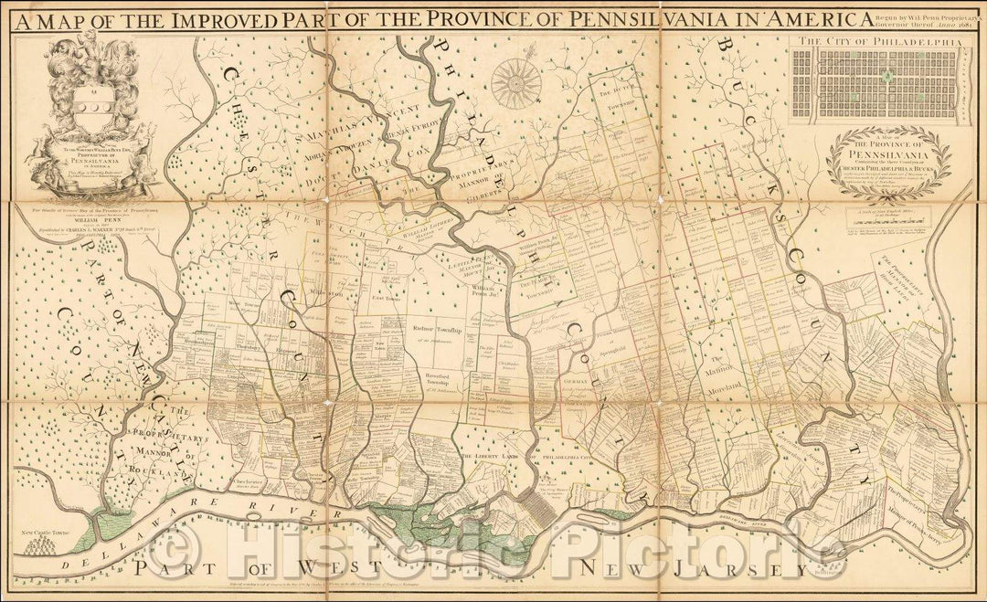 Historic Map - Improved Part of the Province of Pennsilvania in America. Begun, 1687, Charles Warner - Vintage Wall Art
