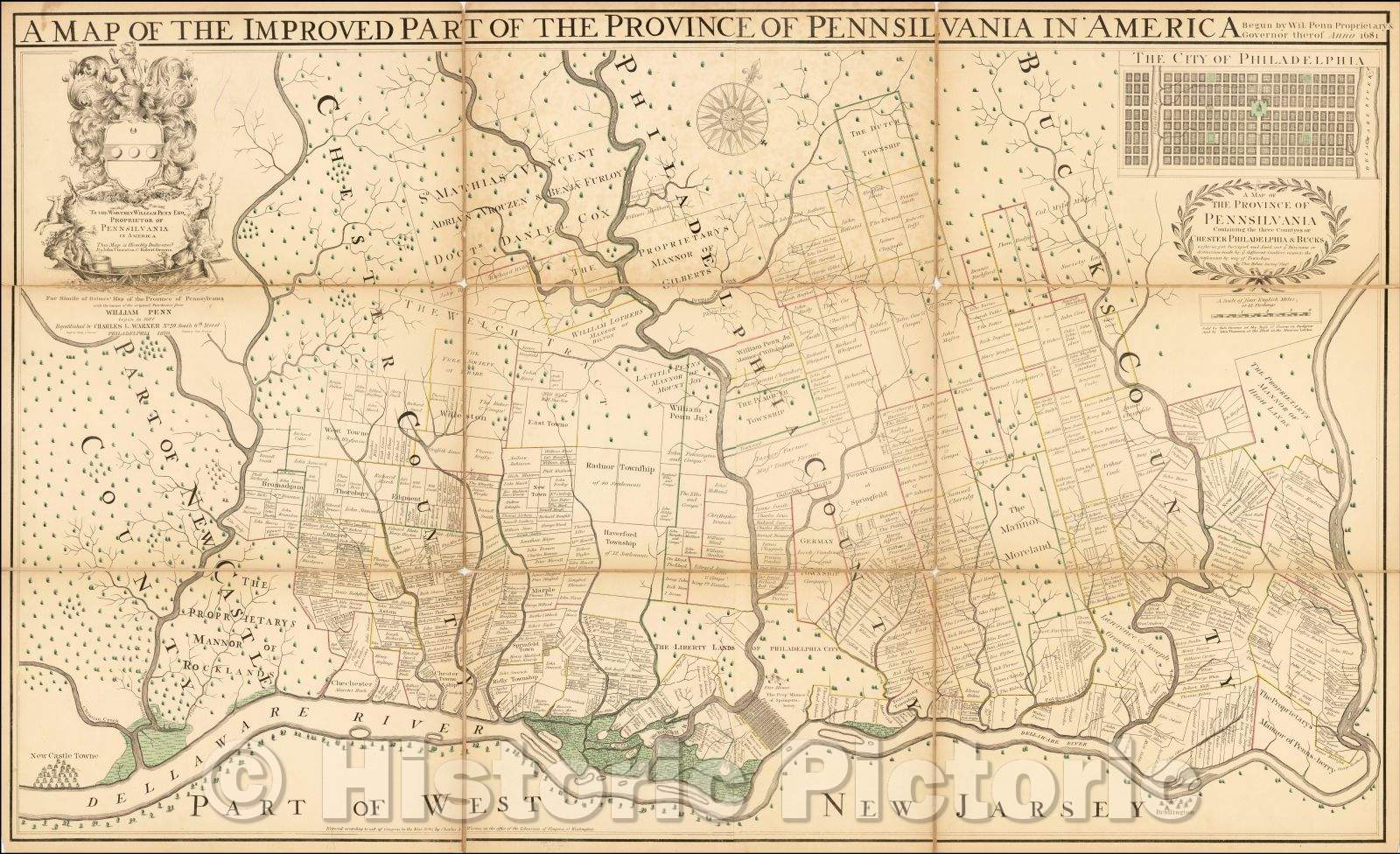 Historic Map - Improved Part of the Province of Pennsilvania in America. Begun, 1687, Charles Warner - Vintage Wall Art