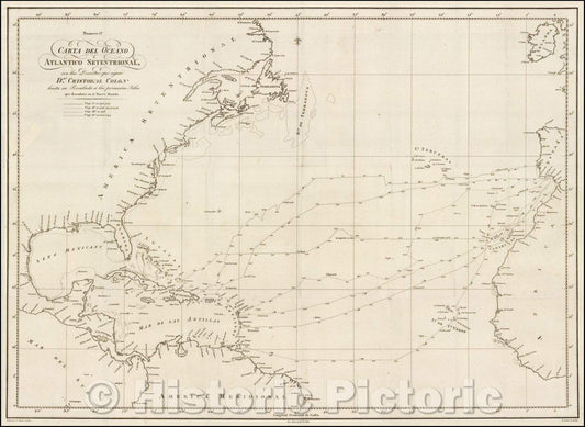 Historic Map - Carta del Oceano Atlantico Setentrional, con las Derrotas que sigui?Chart of the Atlantic, route of Christopher Columbus, Atlantic, 1825 - Vintage Wall Art
