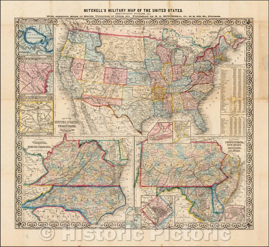 Historic Map - Mitchell's Military Map of the United States. Showing Forts. With separate Maps of States, Vicnities of Cities, 1861 - Vintage Wall Art