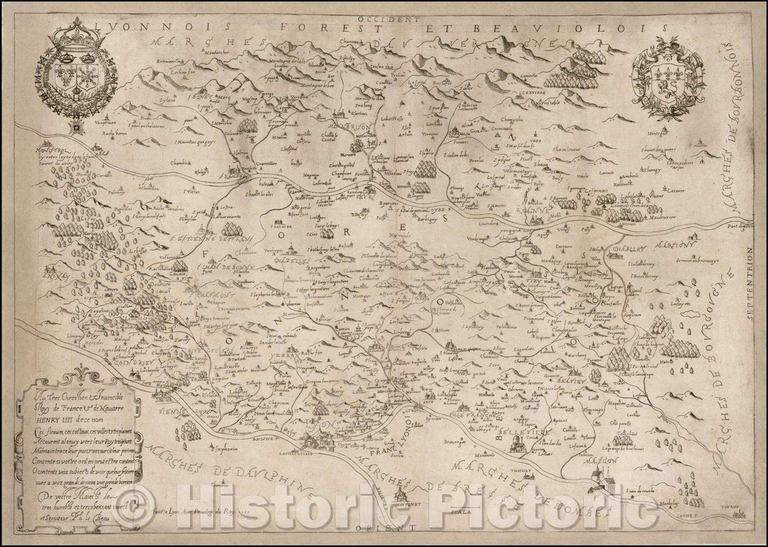 Historic Map - Lyonnois Forest Et Beauviolois/Map of the Region centered on the Region between the Loire River, Rhone River and Saone River, 1596 - Vintage Wall Art