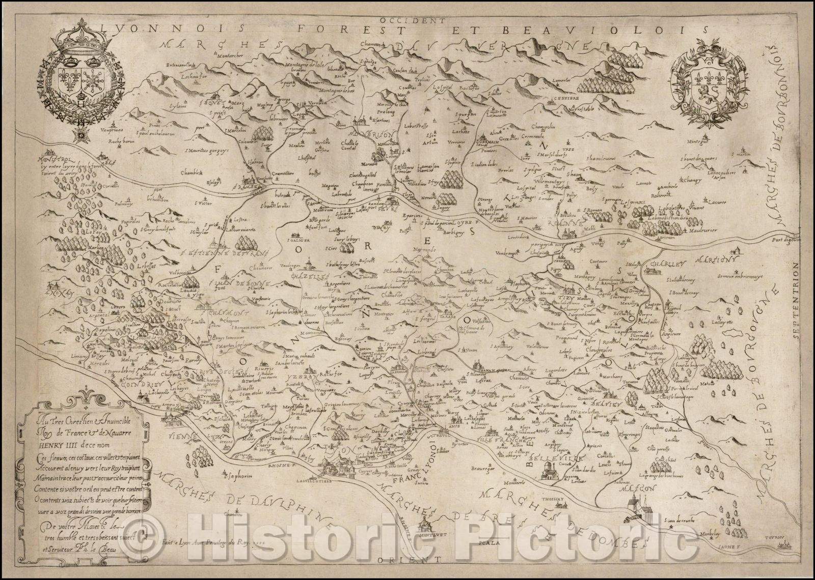 Historic Map - Lyonnois Forest Et Beauviolois/Map of the Region centered on the Region between the Loire River, Rhone River and Saone River, 1596 - Vintage Wall Art