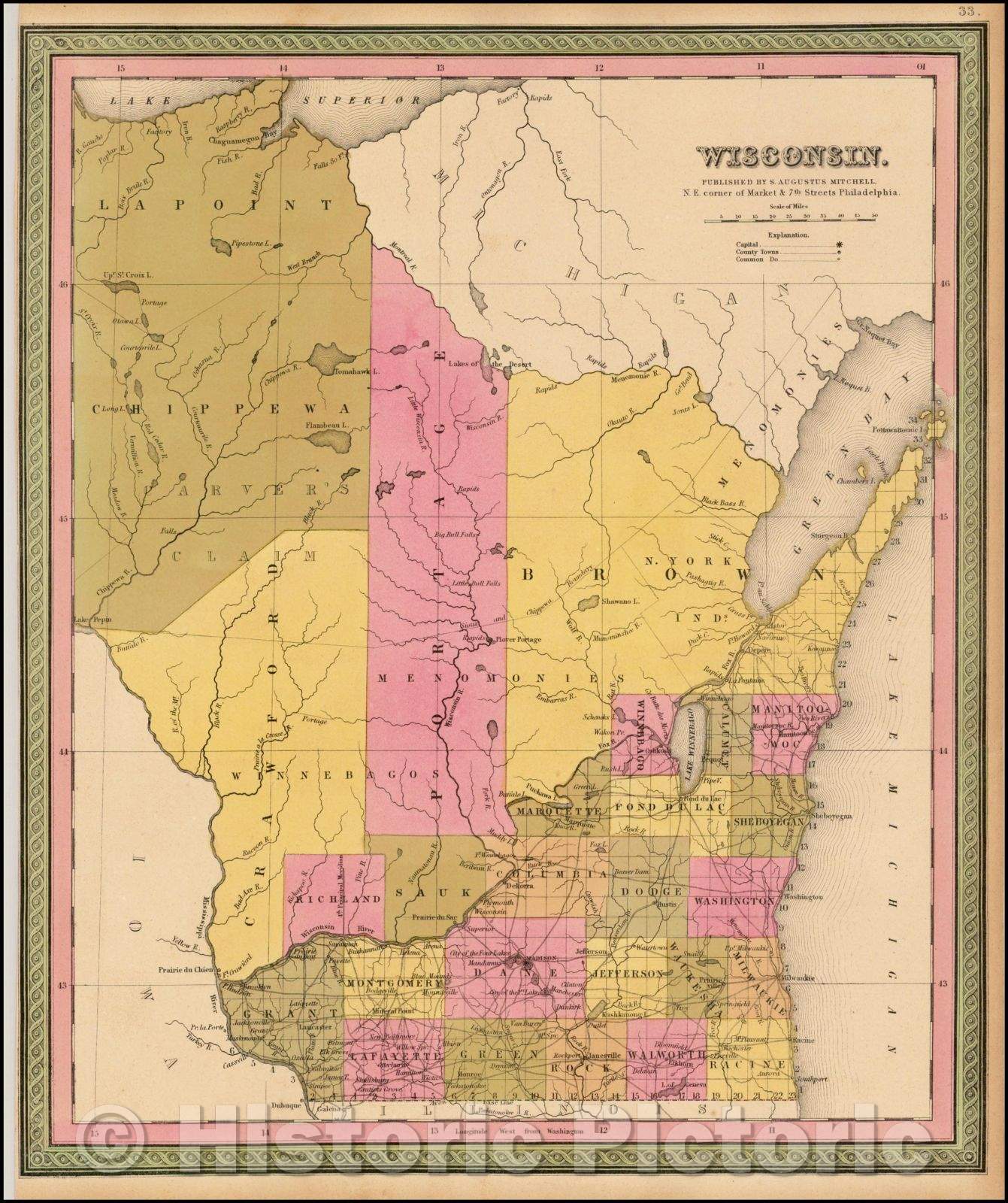 Historic Map - Wisconsin, 1848, Samuel Augustus Mitchell - Vintage Wall Art