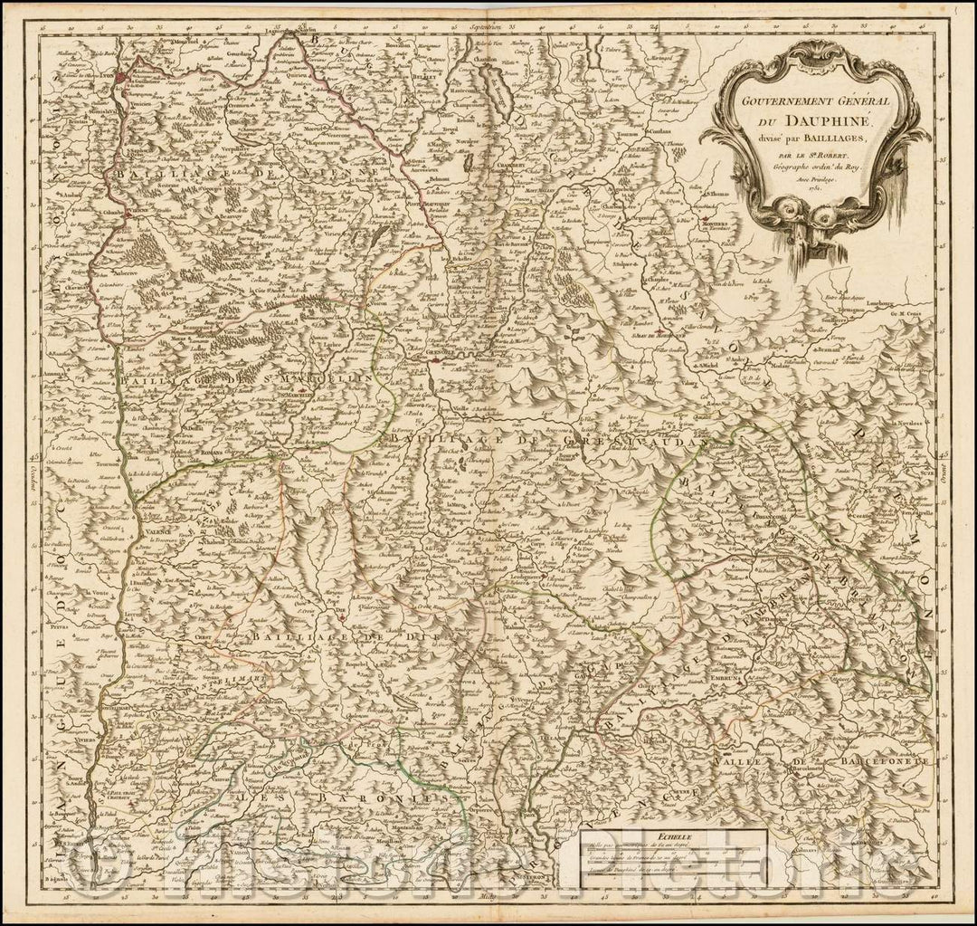 Historic Map - Gouvernement General Du Daphine Divise par Baillages/Map of the Alpine Regions of France, 1751, Gilles Robert de Vaugondy - Vintage Wall Art