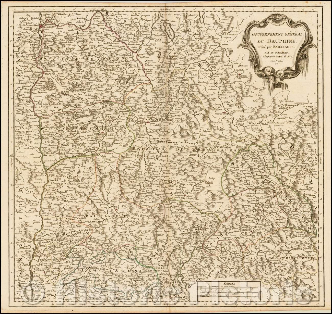 Historic Map - Gouvernement General Du Daphine Divise par Baillages/Map of the Alpine Regions of France, 1751, Gilles Robert de Vaugondy - Vintage Wall Art