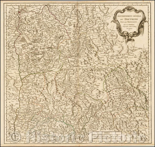 Historic Map - Gouvernement General Du Daphine Divise par Baillages/Map of the Alpine Regions of France, 1751, Gilles Robert de Vaugondy - Vintage Wall Art
