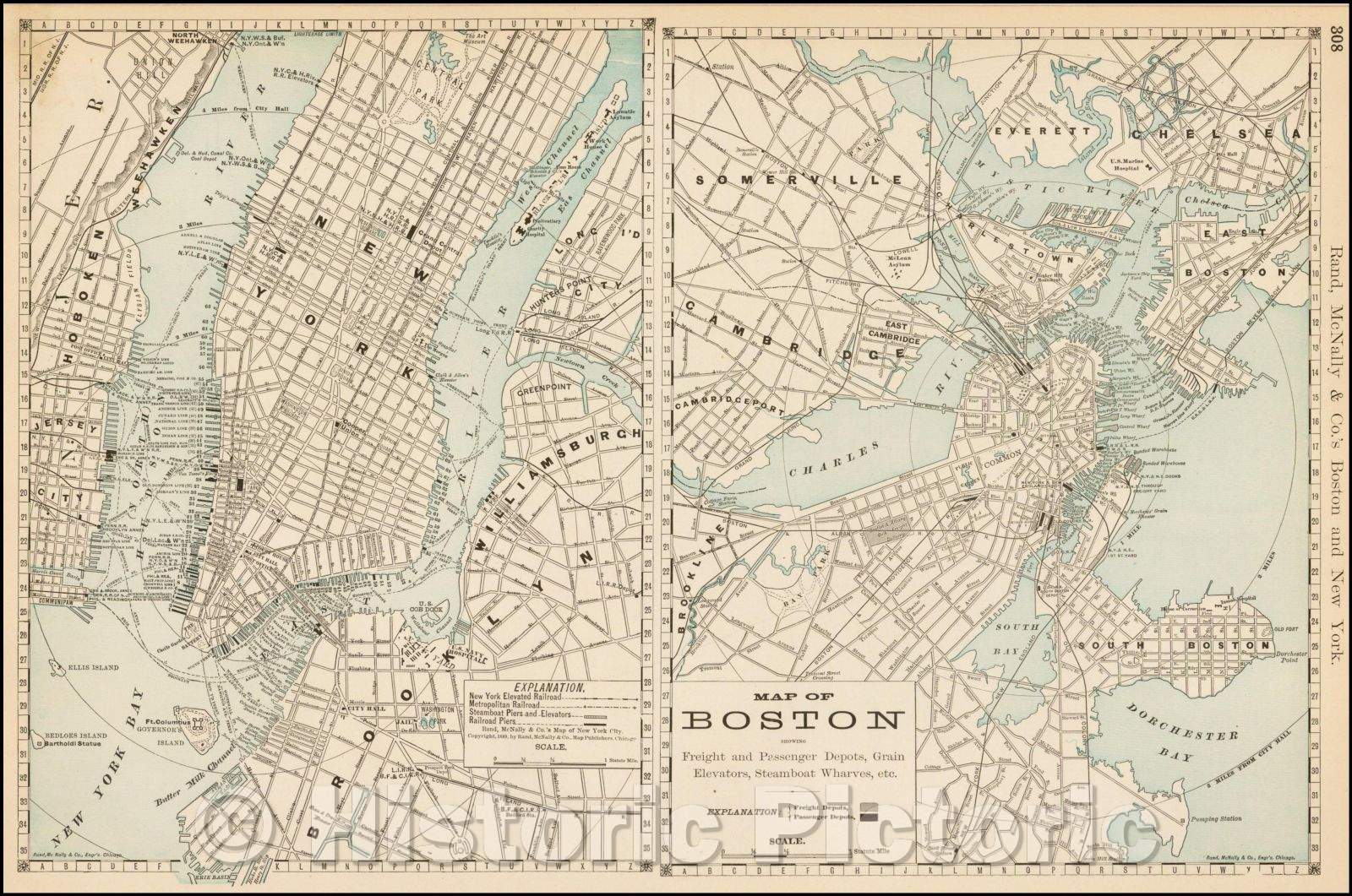 Historic Map - Boston, 1909, Rand McNally & Company - Vintage Wall Art