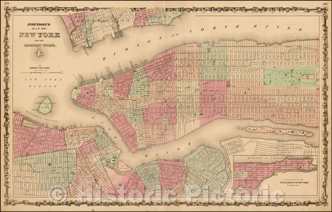 Historic Map - Johnson's Map of New York and the Adjacent Cities, 1863, Benjamin Ward v1