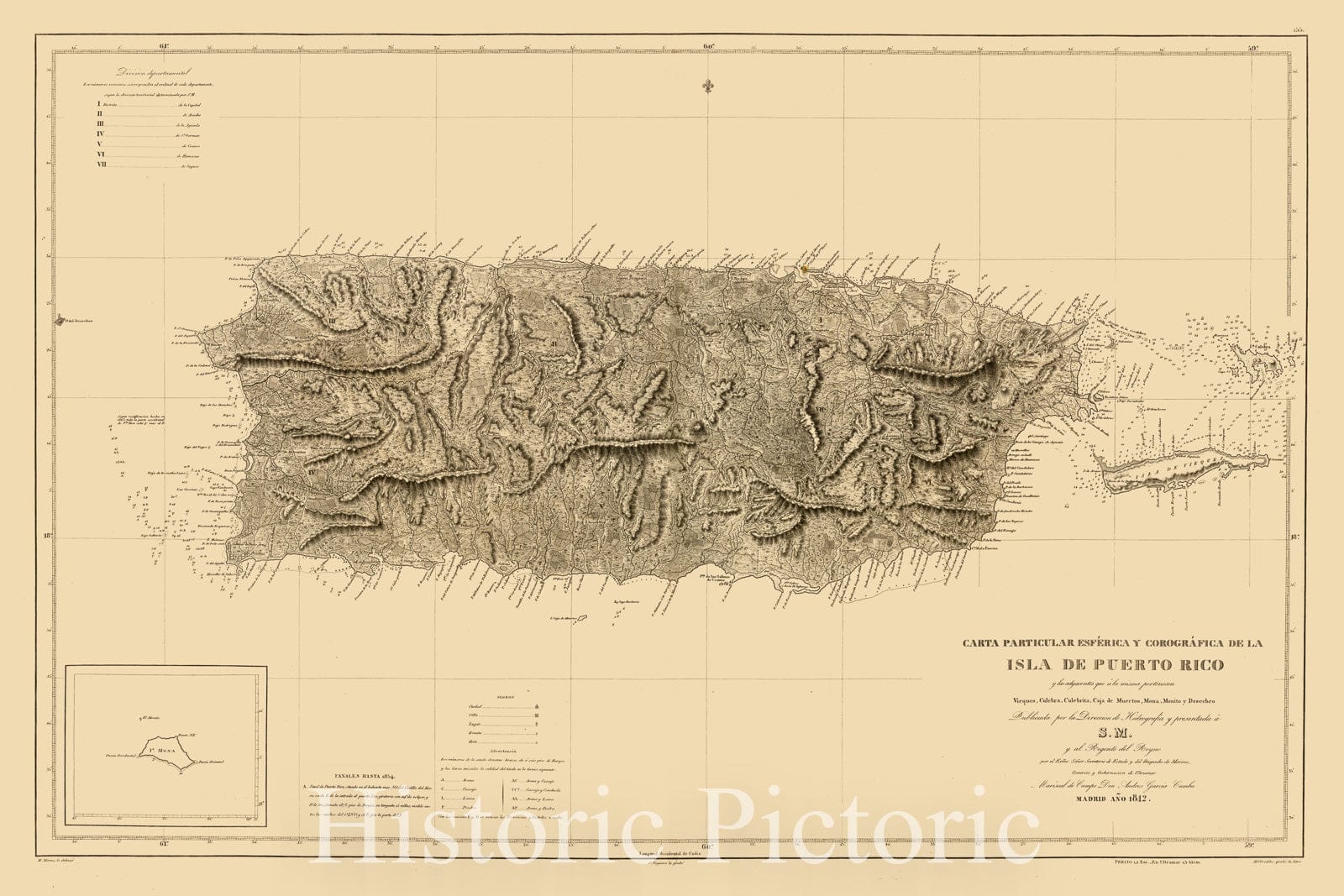 Historic Map - Carta Particular Esferica y Corografica De La Isla De Puerto Rico :: Chart of Puerto Rico, Spanish Hydrographical Office, in 1842, 1842 - Vintage Wall Art