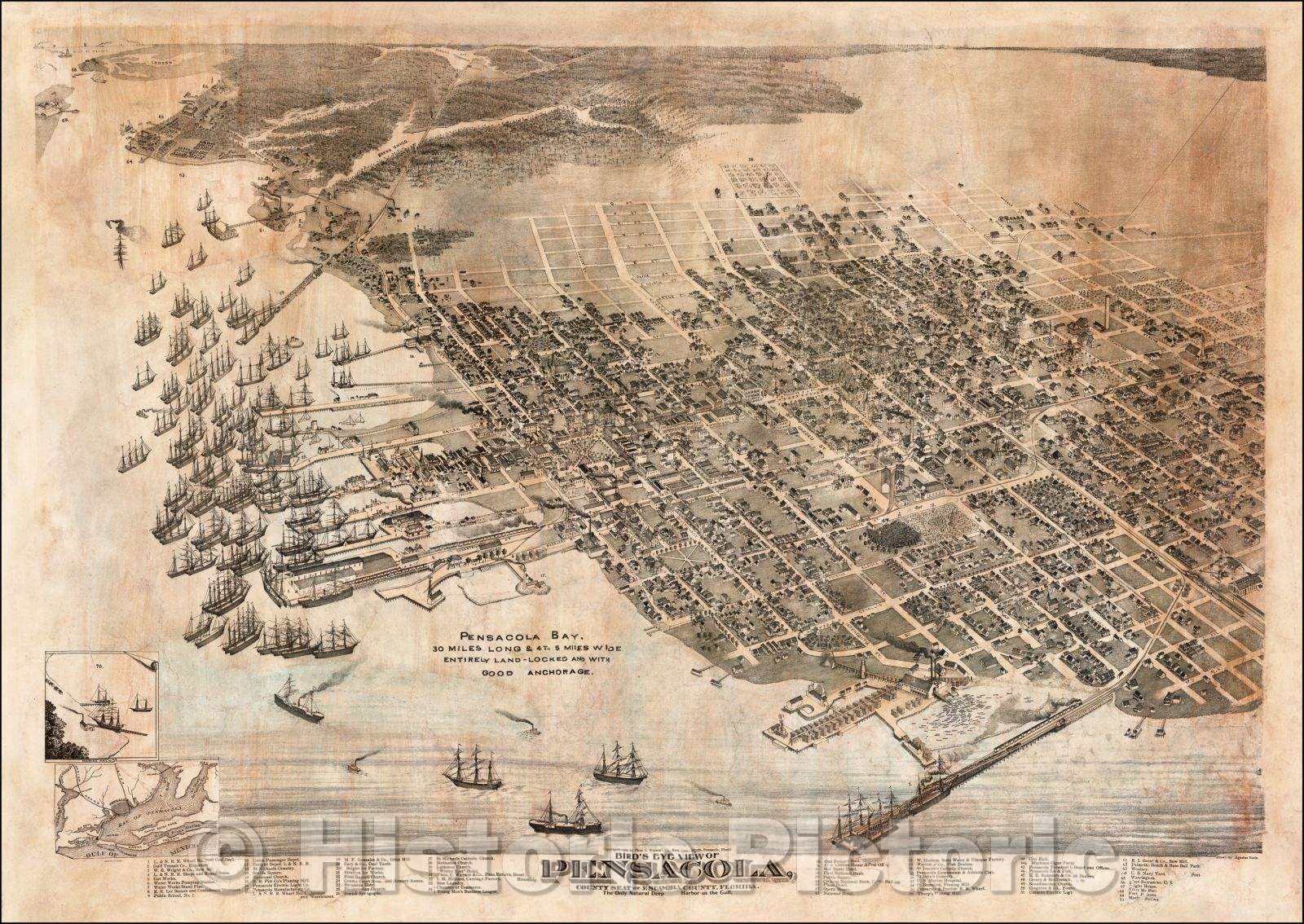 Historic Map - Bird's Eye View of Pensacola, County Seat of Escambia County, Florida. The Only Natural Deep Harbor on the Gulf, 1896, Augustus Koch - Vintage Wall Art