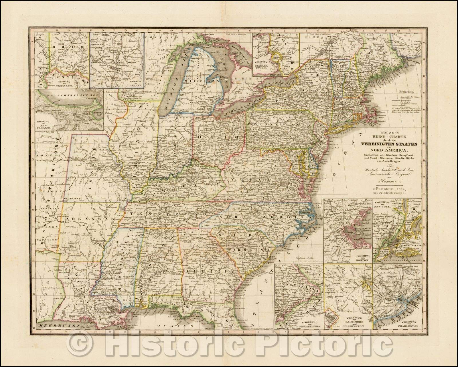 Historic Map - Young's Reise=Charte durch die Vereinigten Staaten von Nord America. / German edition of J.H. Young's Map of the United States, 1837 - Vintage Wall Art