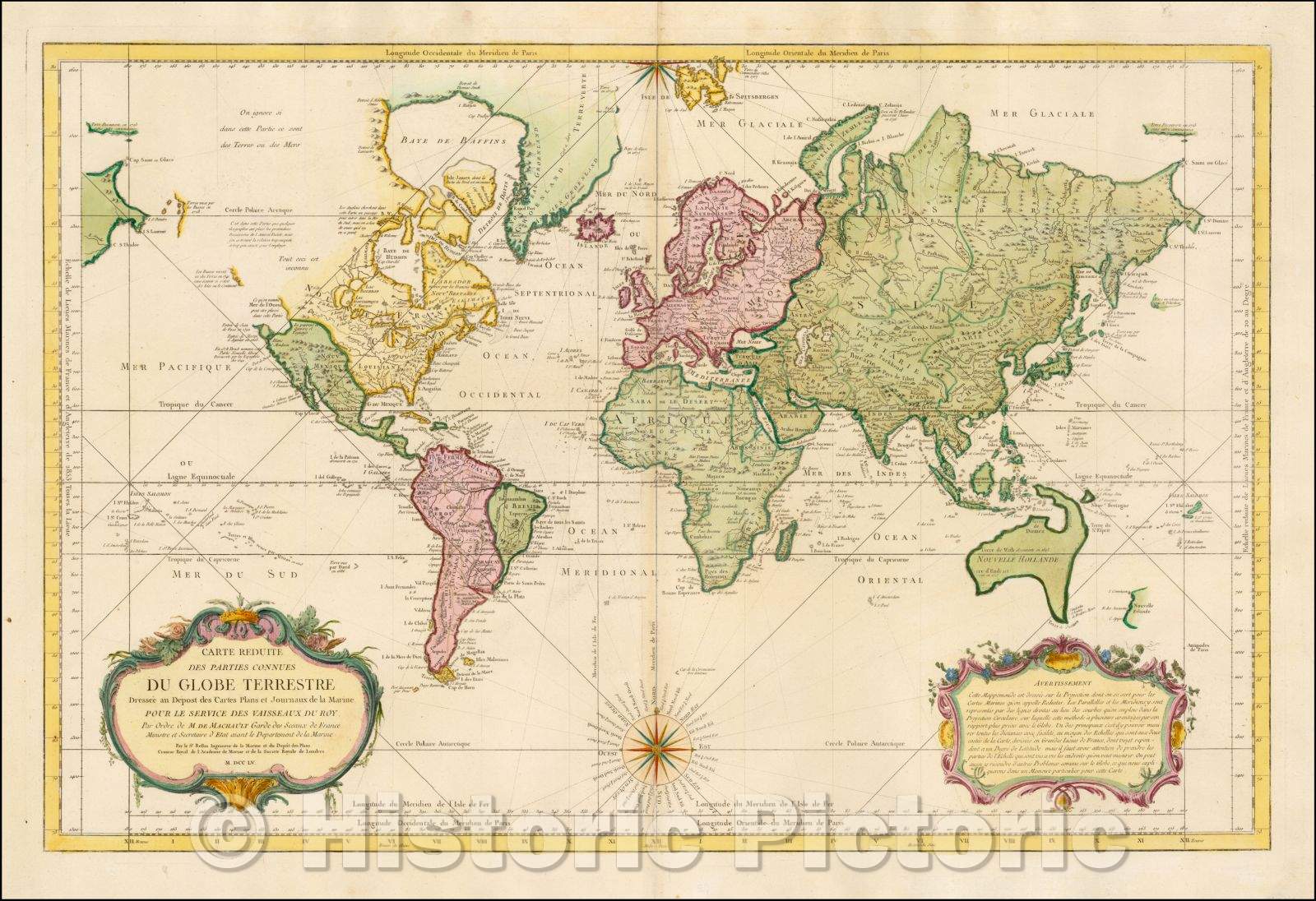 Historic Map - Carte Reduite Des Parties Connues Du Globe Terrestre Dressee au Depost des Cartes Plans et Journaux de la Marine, 1755, Jacques Nicolas Bellin v1