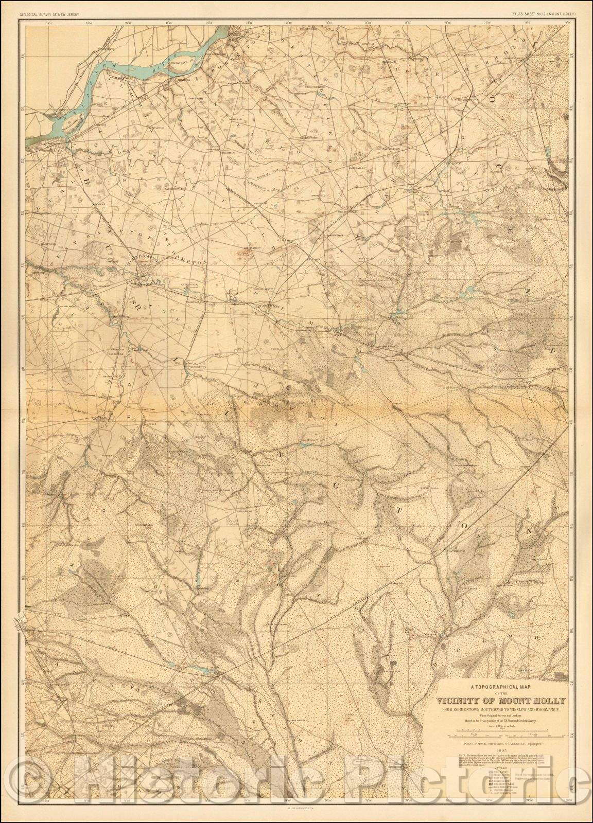 Historic Map - A Topographical Map of the Vicinity of Mount Holly From Bordentown Southward To Winslow and Woodmansie From Original Surveys and Levelings, 1896 - Vintage Wall Art