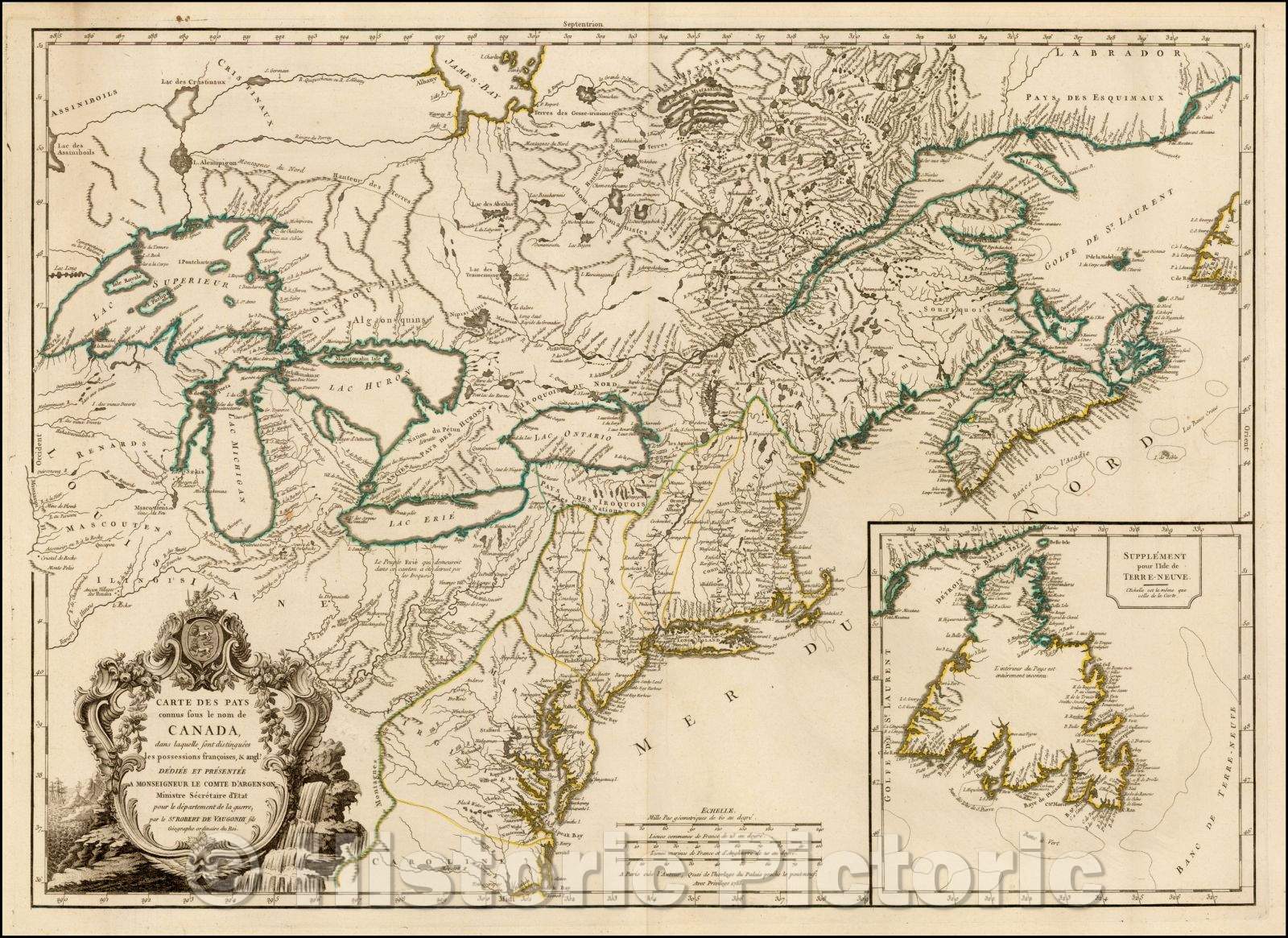 Historic Map - Carte Des Pays connus sous le nom de Canada dans laquelle sont distinguees les possessions francoises, 1753, Didier Robert de Vaugondy - Vintage Wall Art