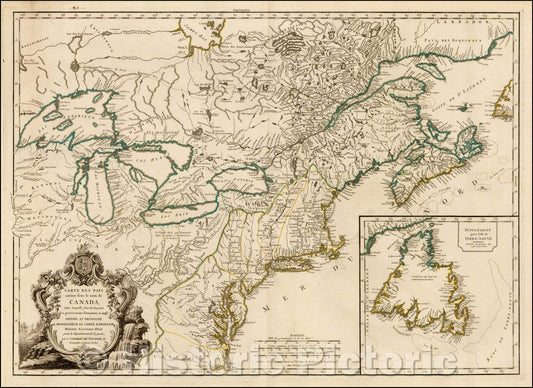 Historic Map - Carte Des Pays connus sous le nom de Canada dans laquelle sont distinguees les possessions francoises, 1753, Didier Robert de Vaugondy - Vintage Wall Art
