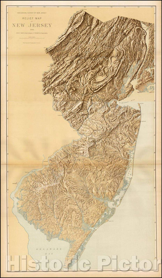Historic Map - Relief Map of New Jersey, 1896, Geological Survey of New Jersey - Vintage Wall Art