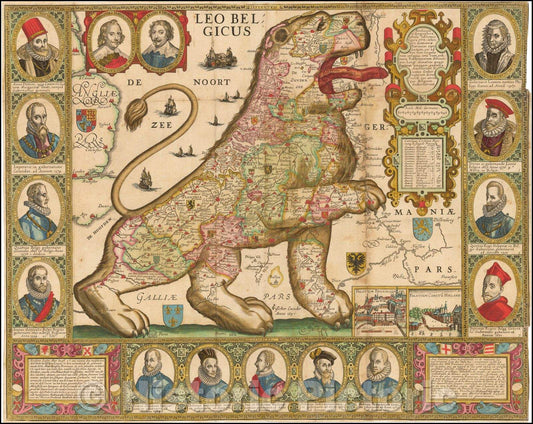 Historic Map - Leo Belgicus, 1650, Claes Janszoon Visscher - Vintage Wall Art