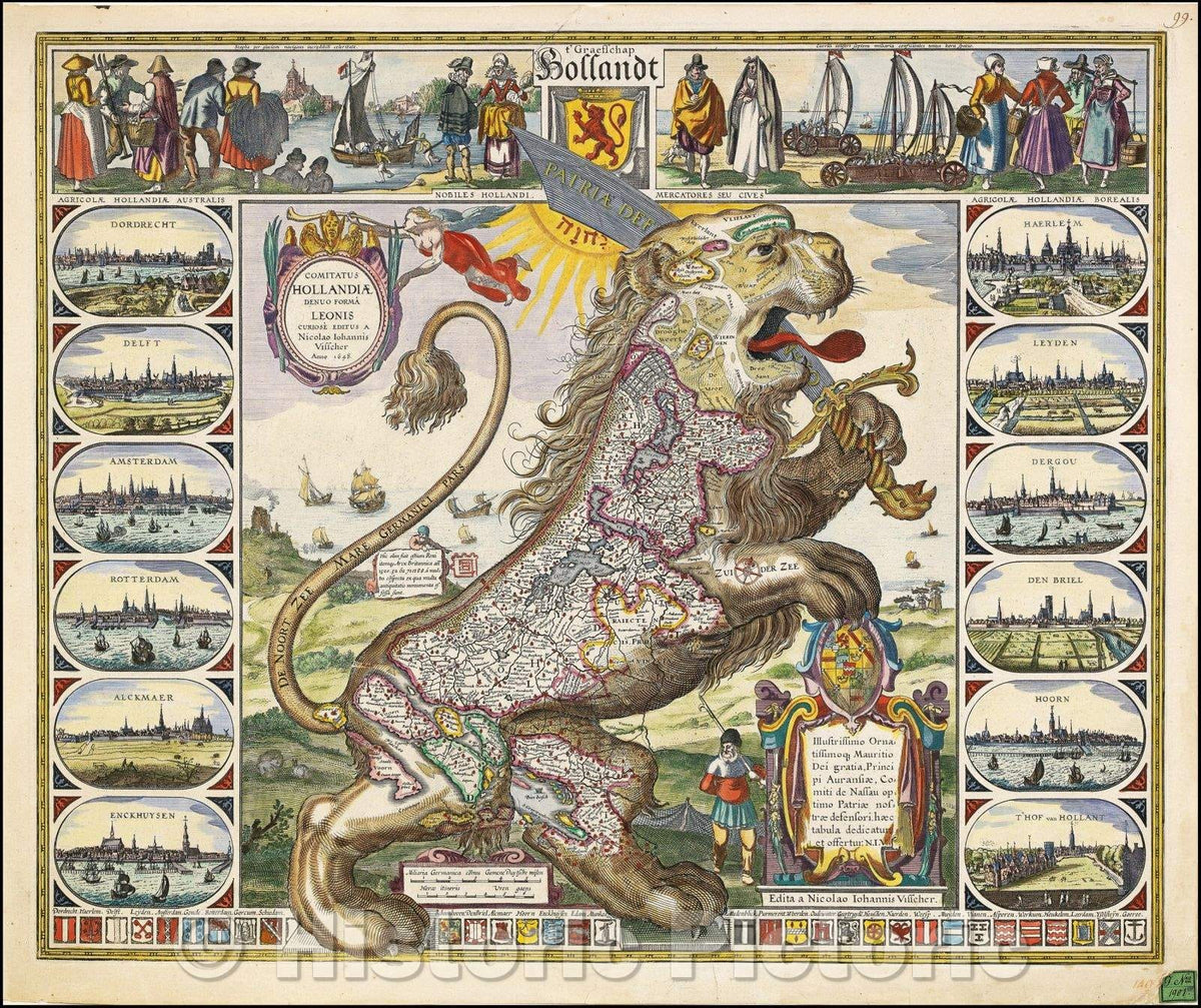 Historic Map - Comitatus Hollandiae Denuo Forma Leonis curiose editus/Cartographic curiosities Maps of theLow Countries depicted in the form of a lion, 1648 - Vintage Wall Art