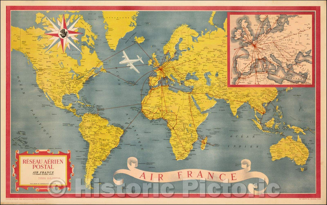 Historic Map - [World] Air France - Reseau Aerien Postal/Map Poster by Atelier Percival, exhibiting the Air France Post Routes, 1948, Atelier Perceval - Vintage Wall Art