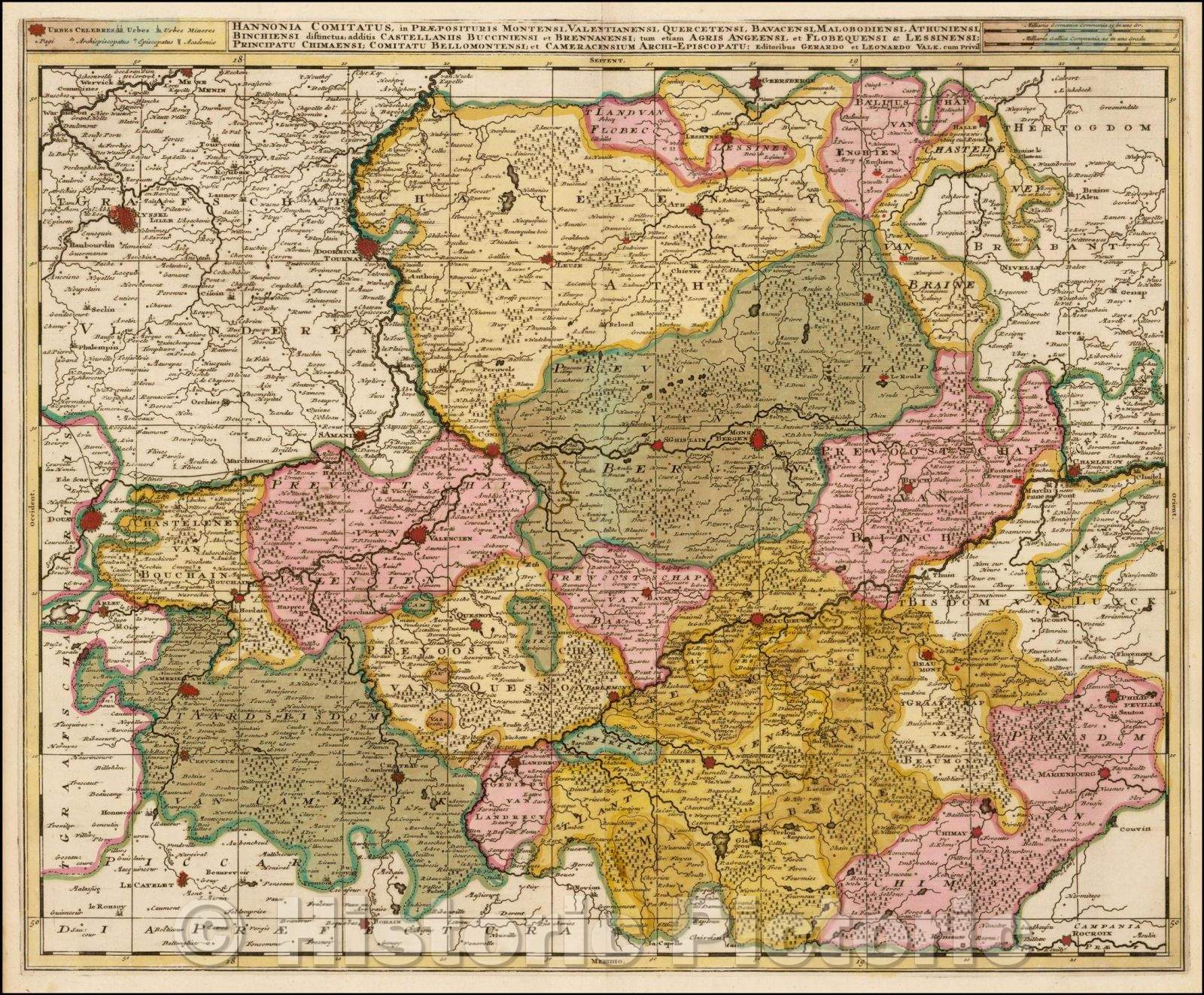 Historic Map - Hannonia Comitatus, in Praeposituris Montensi, Valentianensi, Quercetensi, Bav :: Regional Map, Lille and Douay and Charleroy and Phlippeville, 1700 - Vintage Wall Art