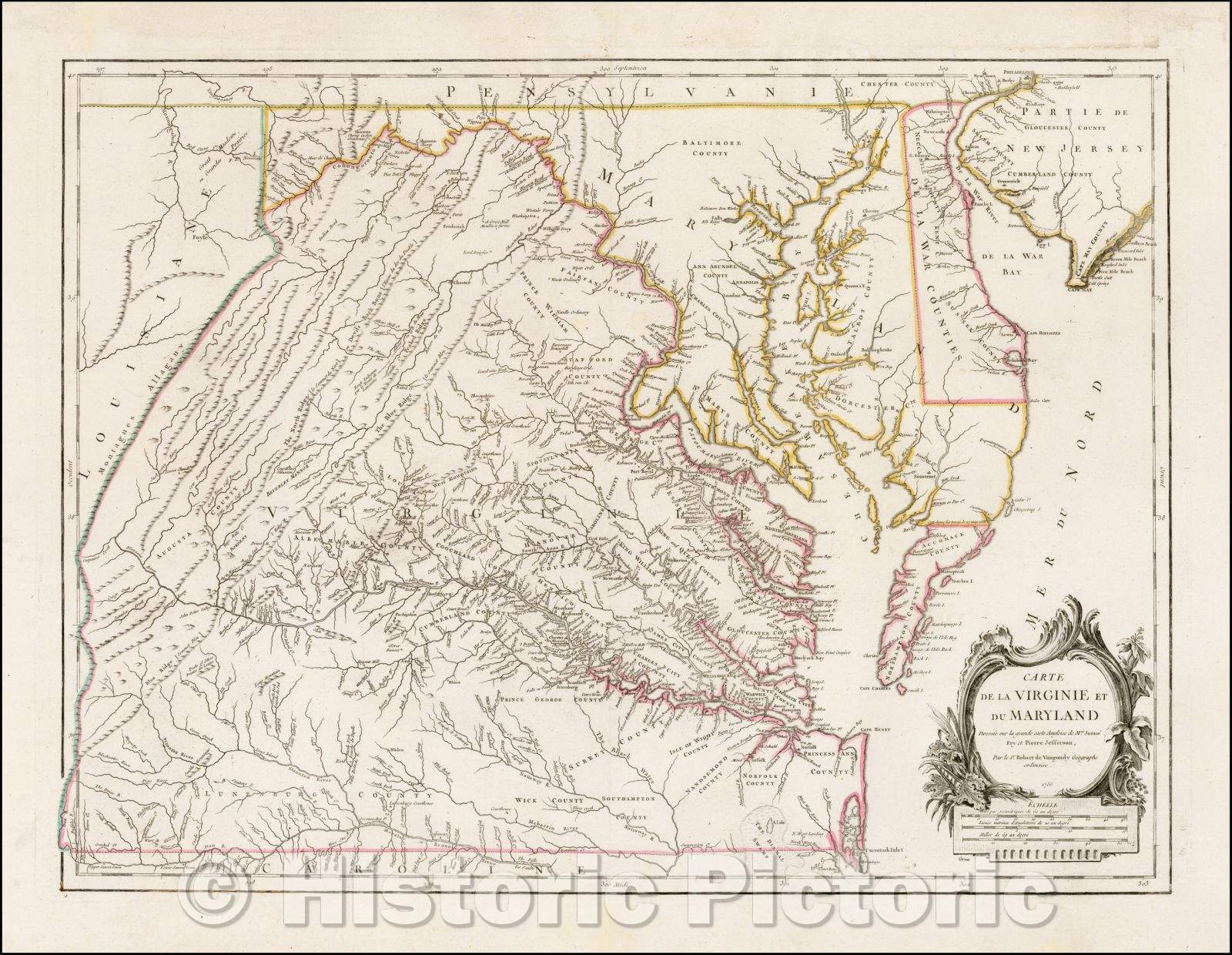 Historic Map - Carte De La Virginie Et Du Maryland Dressee sur la grande carte Angloise, 1780, Gilles Robert de Vaugondy - Vintage Wall Art