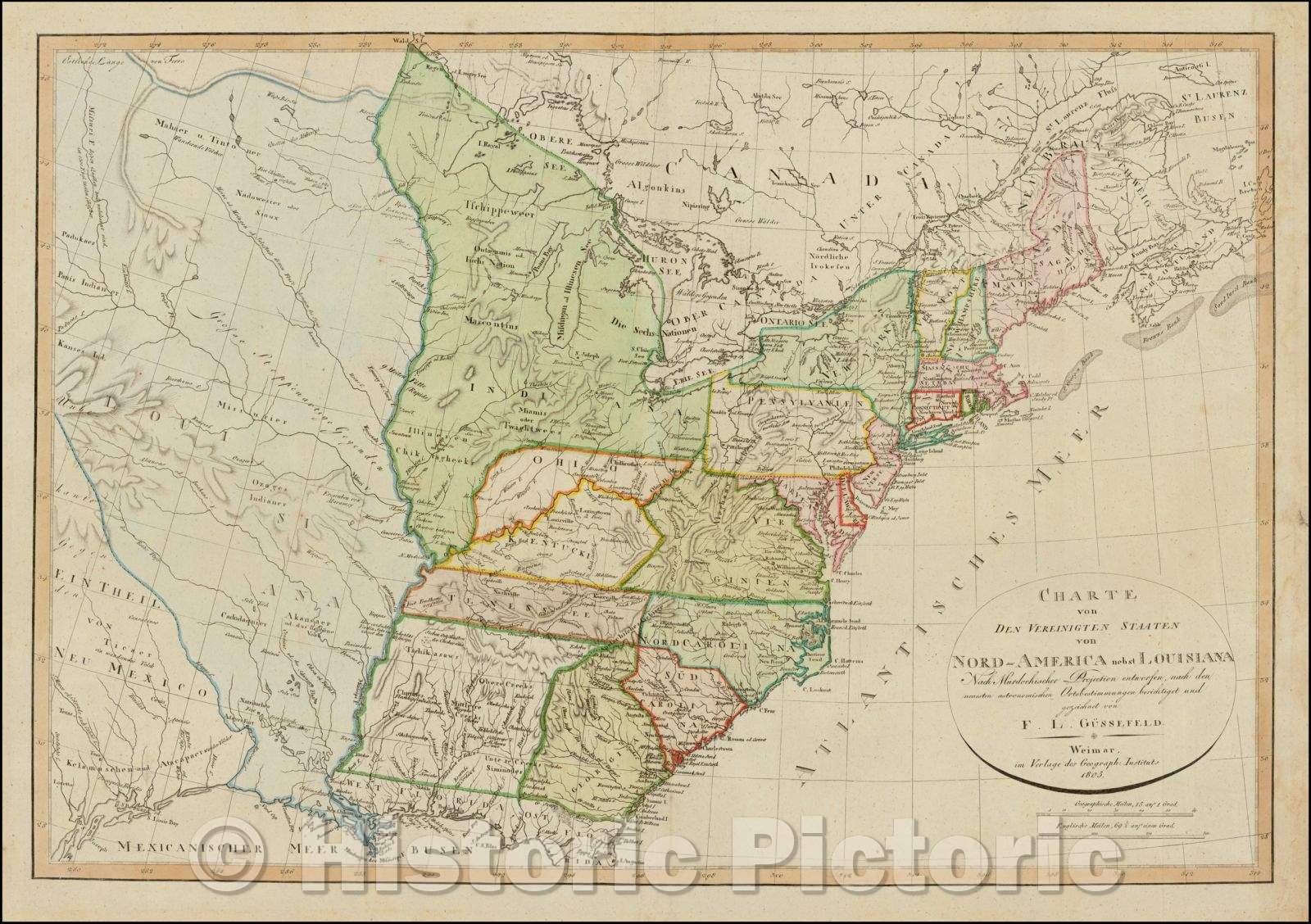 Historic Map - Charte von Den Vereinigten Staaten von Nord-America nebst Louisiana, 1805, Franz Ludwig Gussefeld v3