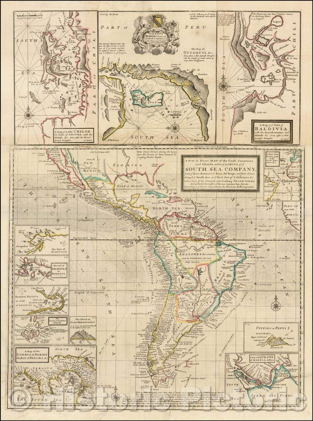 Historic Map - A New & Exact Map of the Coast, Countries and Islands within ye Limits of ye South Sea Company from ye River Aranoca to Terra del Fuego, 1711 v1