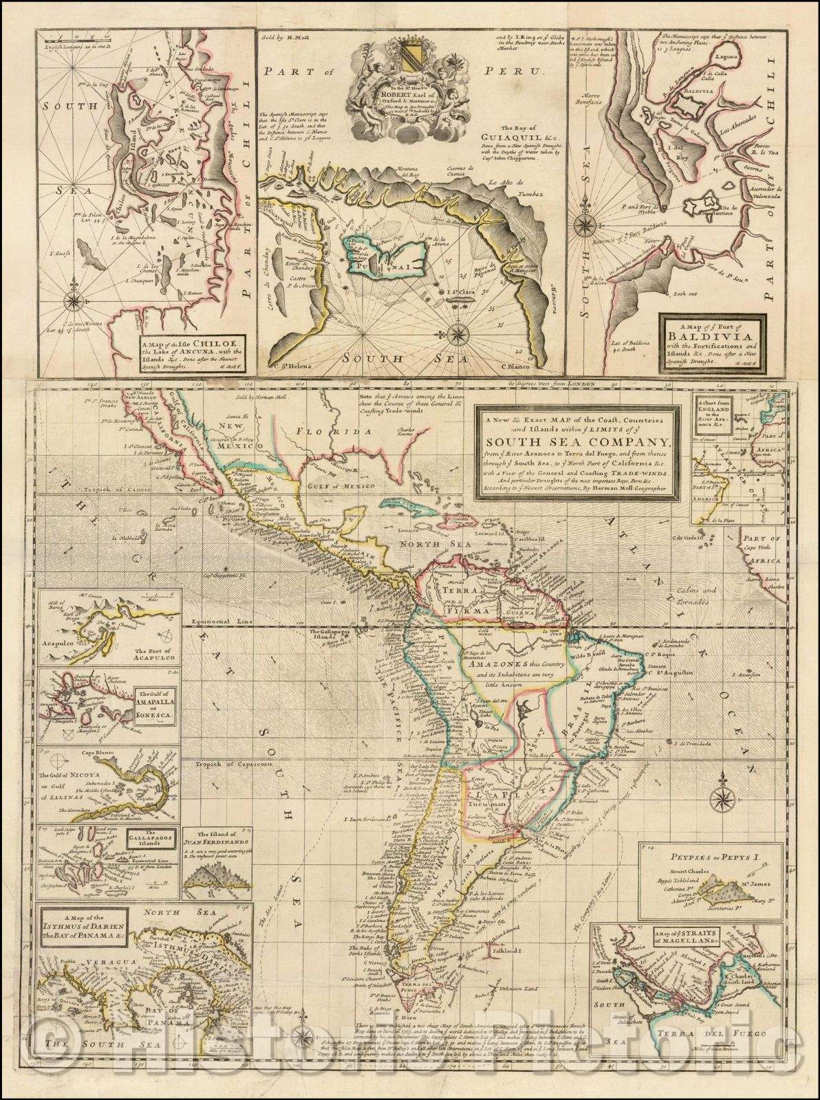 Historic Map - A New & Exact Map of the Coast, Countries and Islands within ye Limits of ye South Sea Company from ye River Aranoca to Terra del Fuego, 1711 v1