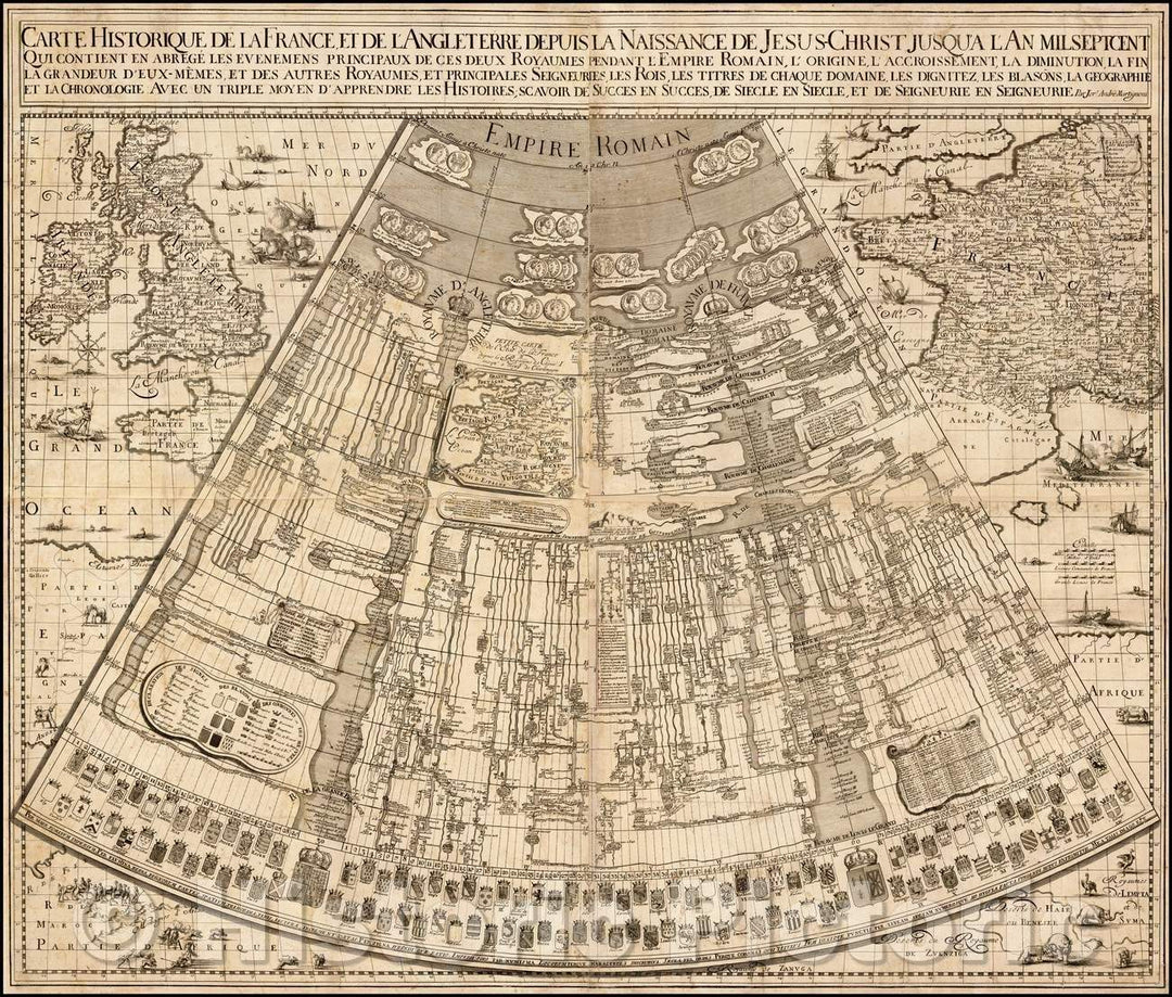 Historic Map - Carte Historique De LaFrance Et De L'Angleterre Depuis La Naissance De Jesus-Christ/Map of the Imperial Roman Empire, 1721 - Vintage Wall Art