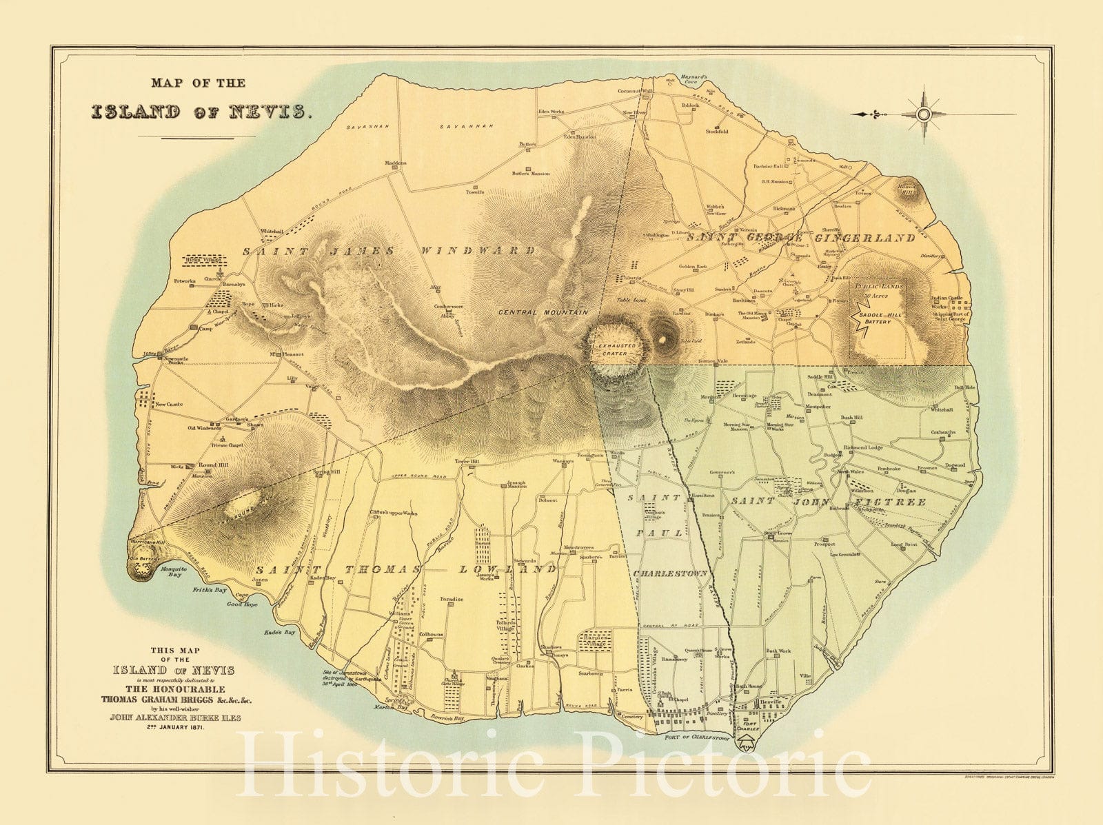 Nevis Island - Detailed Regional Map, 1871 | Historical Map Print