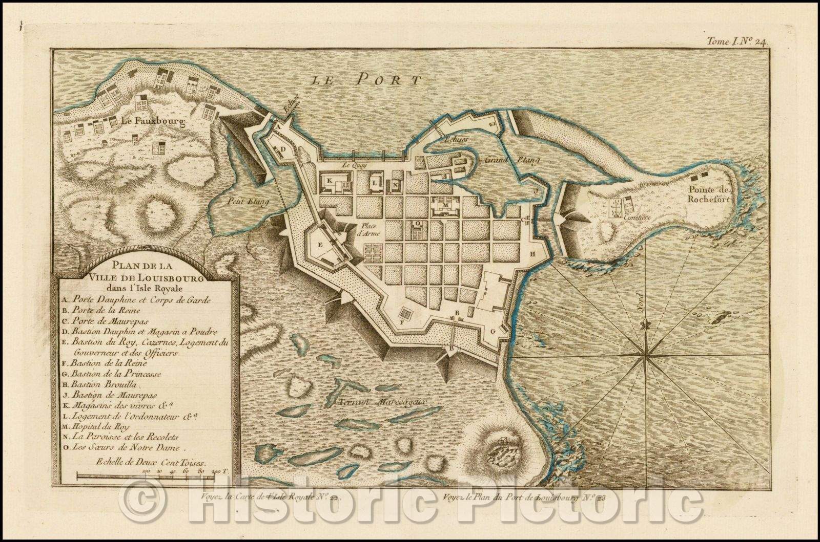Historic Map - Plan de la Ville de Louisbourg dans l'Isle Royale, 1764, Jacques Nicolas Bellin - Vintage Wall Art