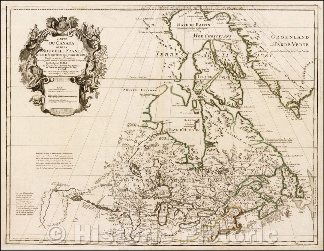 Historic Map - Carte Du Canada ou de la Nouvelle France et des Decouvertes qui y ont ete faits, 1703, Philippe Buache - Vintage Wall Art