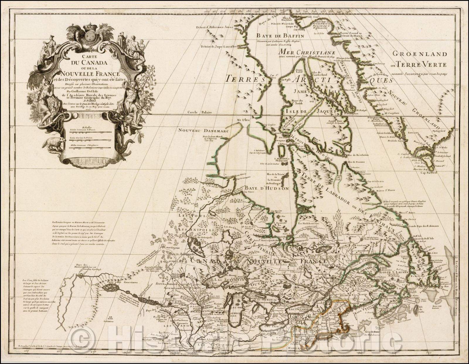 Historic Map - Carte Du Canada ou de la Nouvelle France et des Decouvertes qui y ont ete faits, 1703, Philippe Buache - Vintage Wall Art