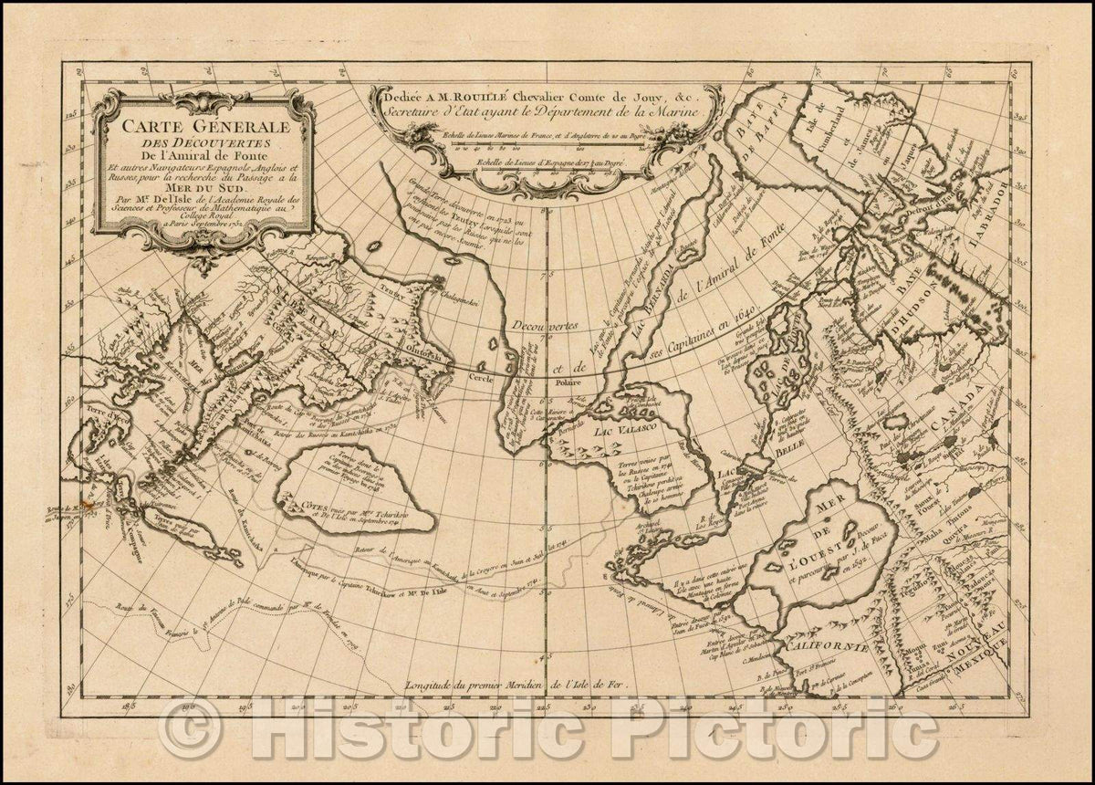 Historic Map - Decouvertes De L'Amiral De Font representant la grande :: Discoveries From The admiral De Font representing the gr, 1752 - Vintage Wall Art