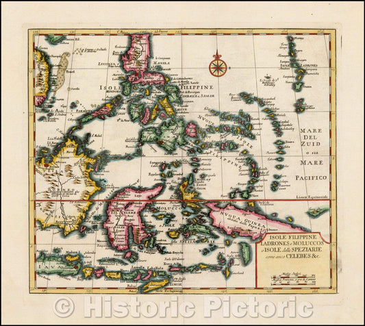 Historic Map - Isole Filippine, Ladrones, e Moluccos o Isole della Speziarie come :: Southeast Asia, from he Second Italian edition of Thomas Salmon's, 1740 - Vintage Wall Art