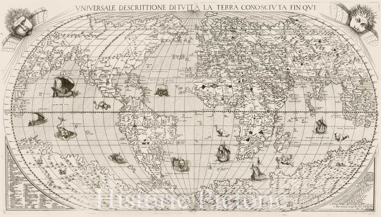 Historic Map - Universale Descrittione Di Tutta la Terra Conosciuta Fin Qui/Forlani's third Map of the world, 1568, Donato Bertelli - Vintage Wall Art