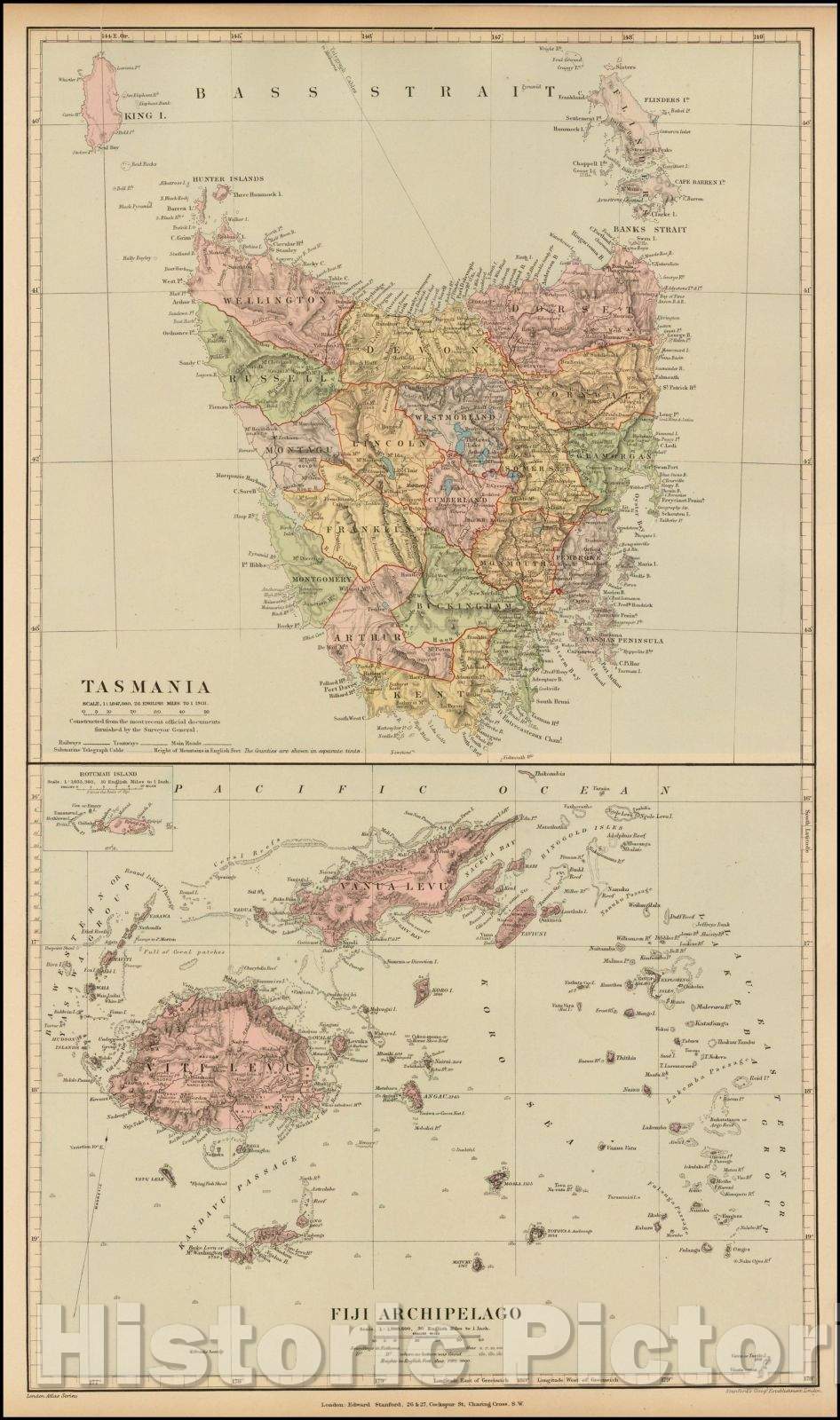 Historic Map - Tasmania/Fiji Archipelago, 1896, Edward Stanford - Vintage Wall Art