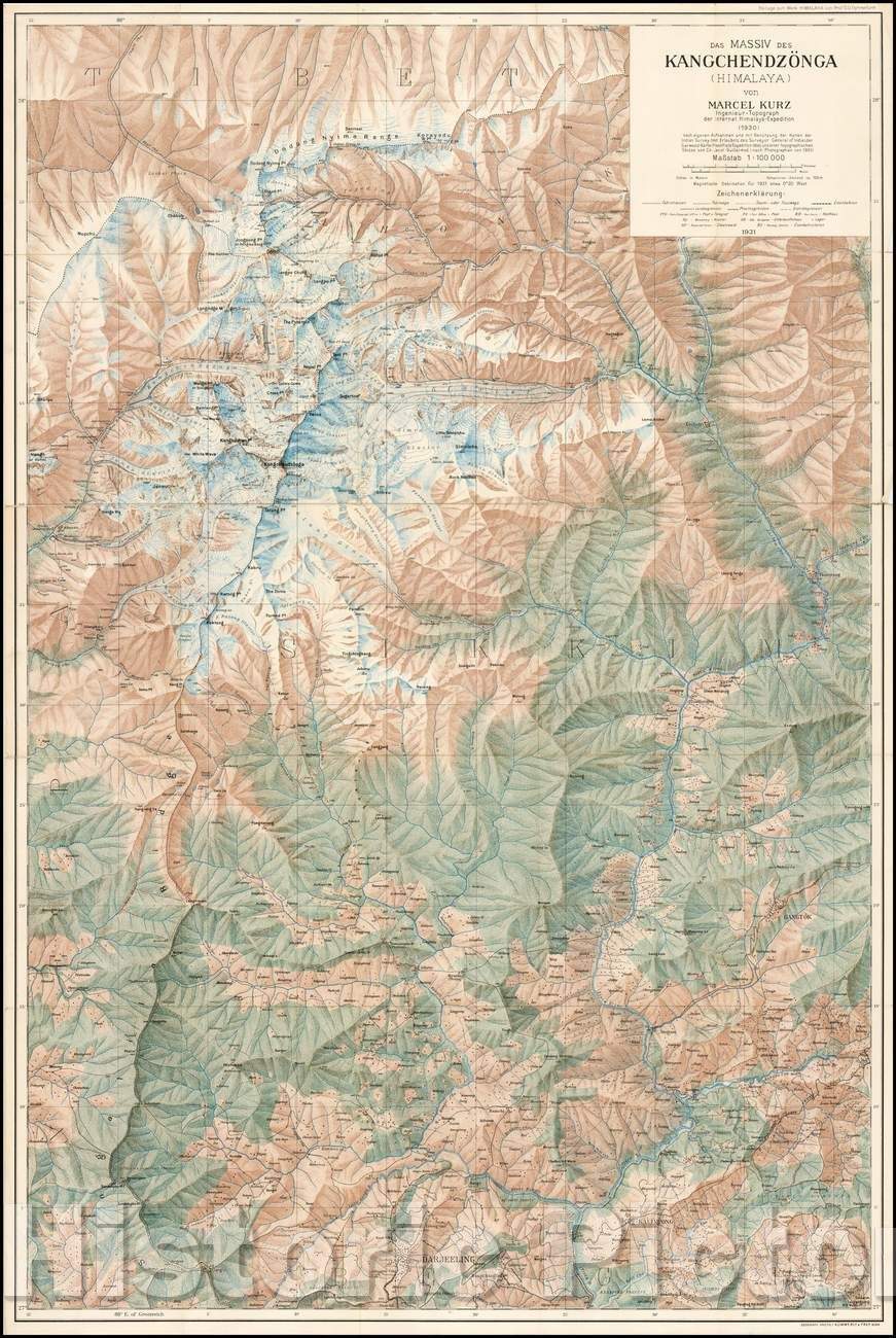 Historic Map - Das Massiv des Kangchendzonga (Himalaya) von Marcel Kurz Ingenieur-Topogra :: The massif of Kangchendzonga (Himalayas), 1931 - Vintage Wall Art