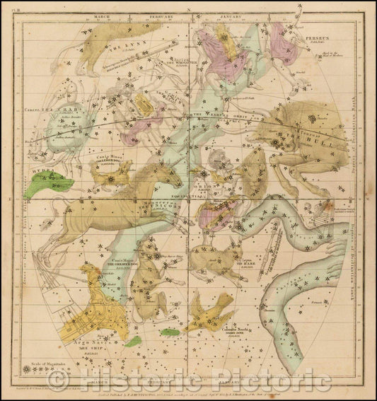 Historic Map - The January, February & March Sky - Cancer, Perseus, Gemini, Taurus, Orion, Monceros, Canis Major, Lepus, Argo Navis, Hydra, Perseus, 1835 v4