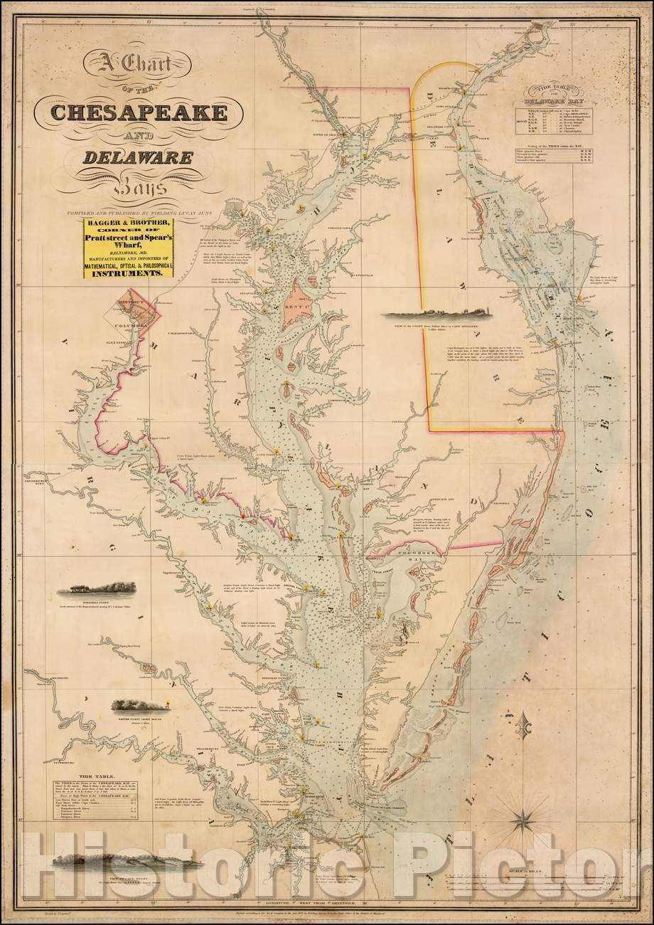 Historic Map - A Chart of the Chesapeake and Delaware Bays, 1852, Fielding Lucas Jr. - Vintage Wall Art