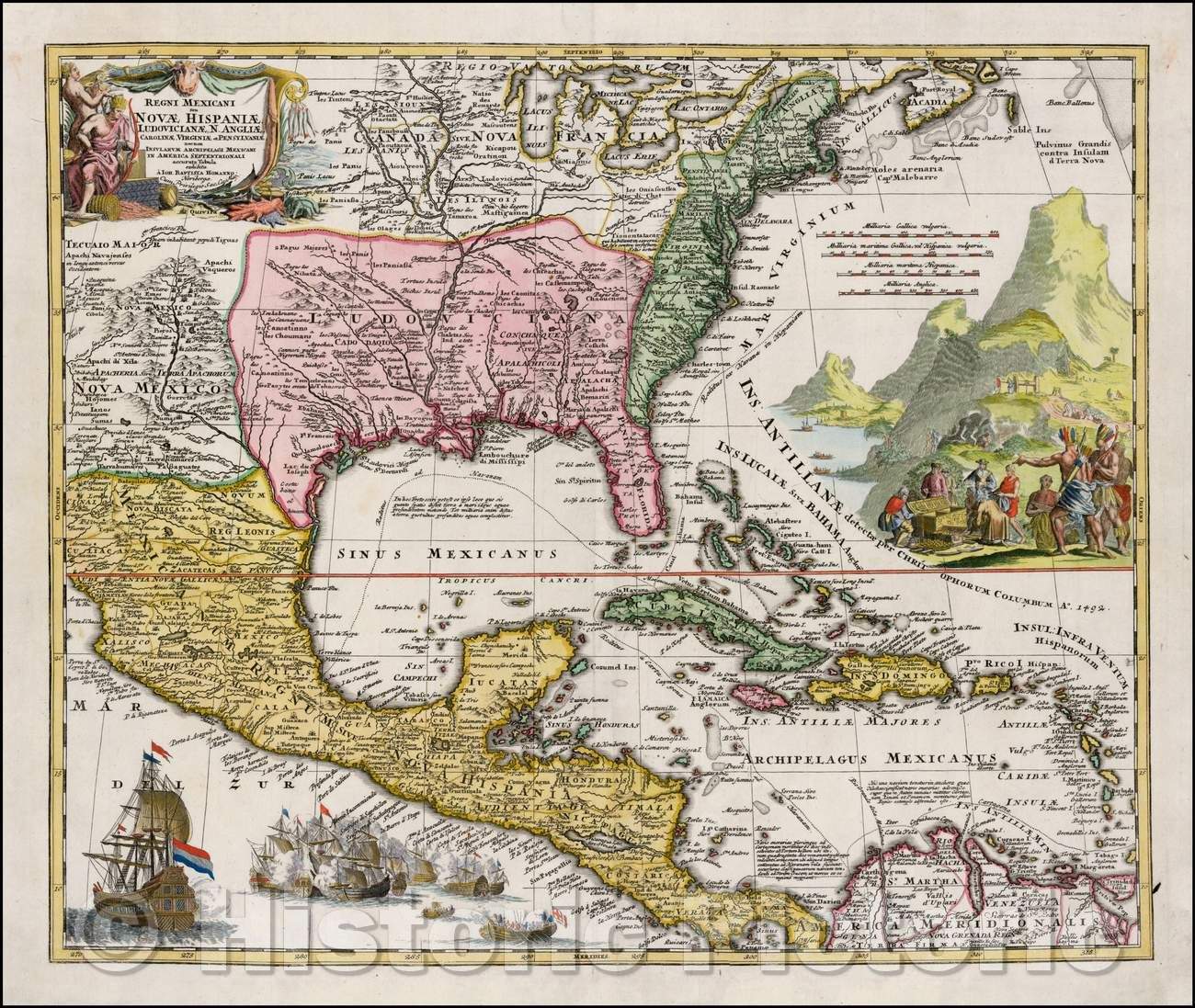 Historic Map - Regni Mexicani seu Novae Hispaniae Ludovicianae N. Angliae, Carolinae, Virginia, et Pennsylvaniae, 1720, Johann Baptist Homann v3