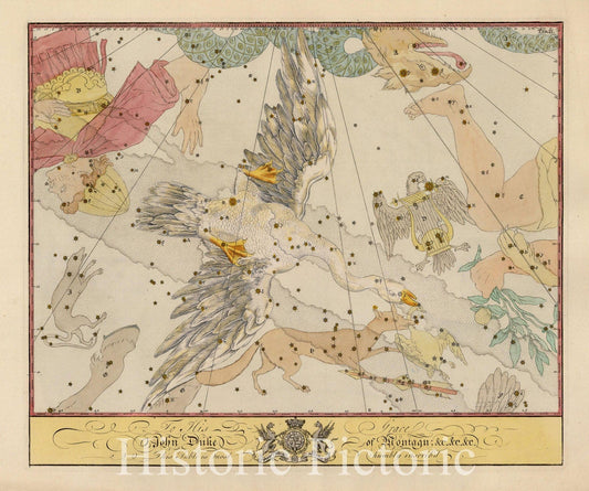 Historic Map - Lyra, Cygnus, Lacerta, Vupecula/Chart of the Constellations Lyra, Cygnus, Lacerta, Vupecula, from John Bevis' Celestial Atlas, 1750 - Vintage Wall Art