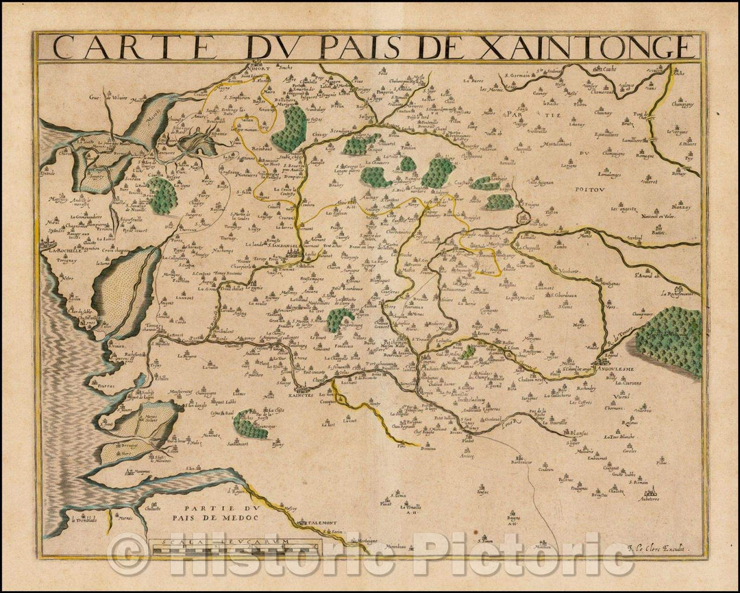 Historic Map - Carte Du Pais De Xaintonge/Map of Xaintonge, from Jean Le Clerc's very atlas of France, 1612, Jean Le Clerc - Vintage Wall Art